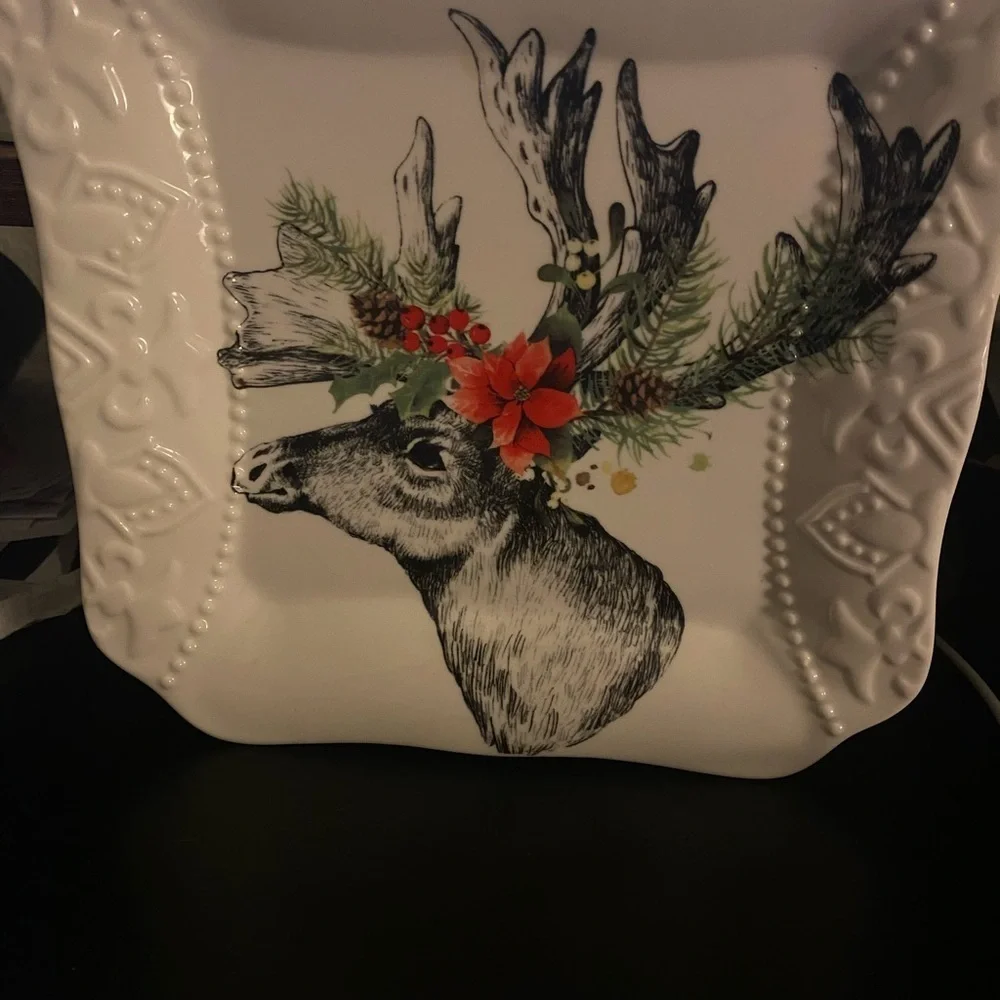 Furry Christmas Reindeer Stag Deer Caribou Poinsettia Ceramic Salad Plate 7.5in